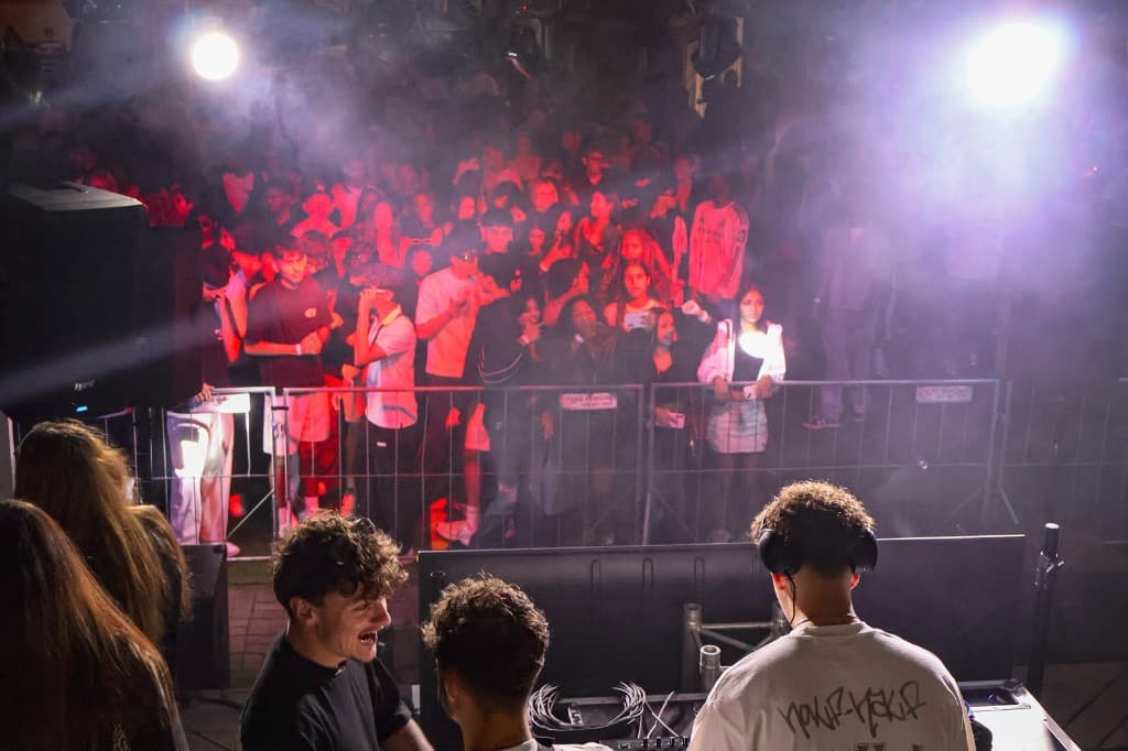 Crowd and haze under pink and purple lights