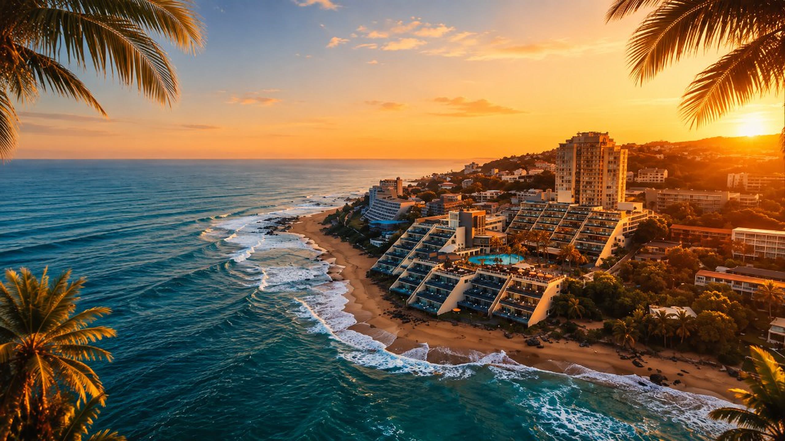Aerial twilight view of La Montagne Holiday Resort — the BALLITO-BIZA festival venue