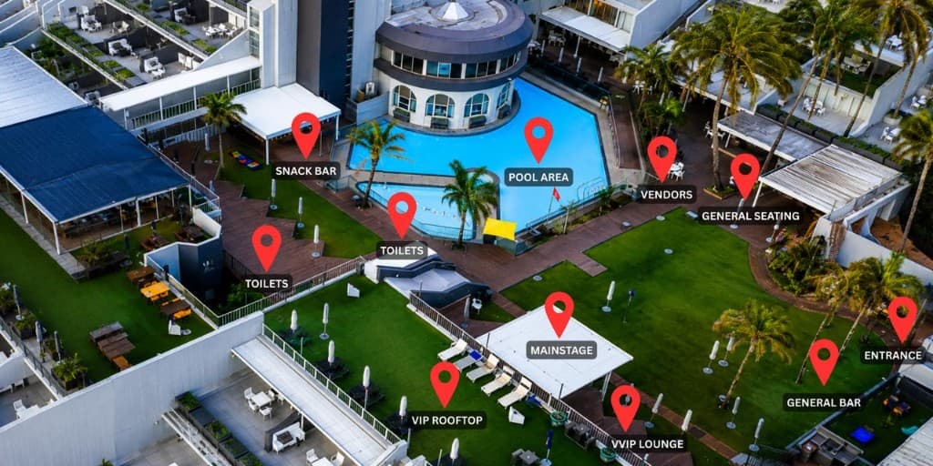 Aerial map of the BALLITO-BIZA festival venue at La Montagne Holiday Resort